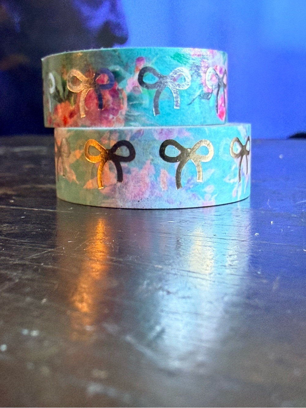 Decorative Blue Floral Washi Tape with Gold Bows - Planner Accent